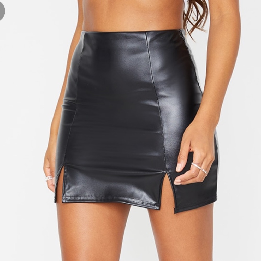 Pretty Little Thing faux leather split hem skirt